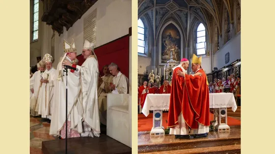 L'abbraccio tra emeriti e successori: a sinistra Toso saluta Morandi, nuovo vescovo di Faenza-Modigliana, a destra Redaelli abbraccia Dianin, nuovo arcivescovo di Gorizia / I.TASSINI (per Gorizia)