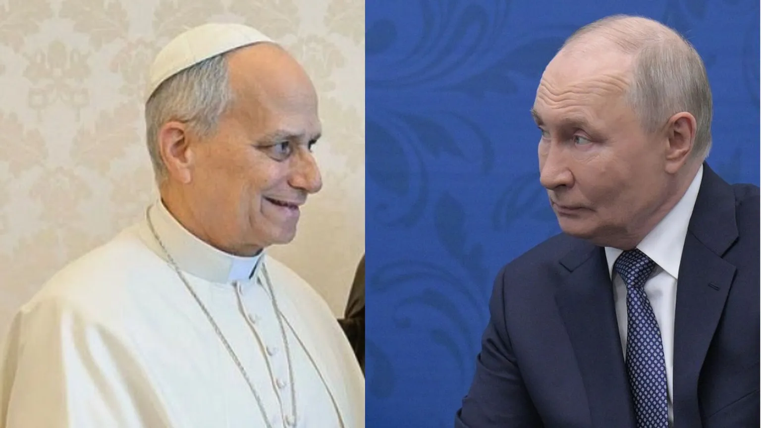 La combo che ritrae a sinistra Leone XIV e a destra Putin