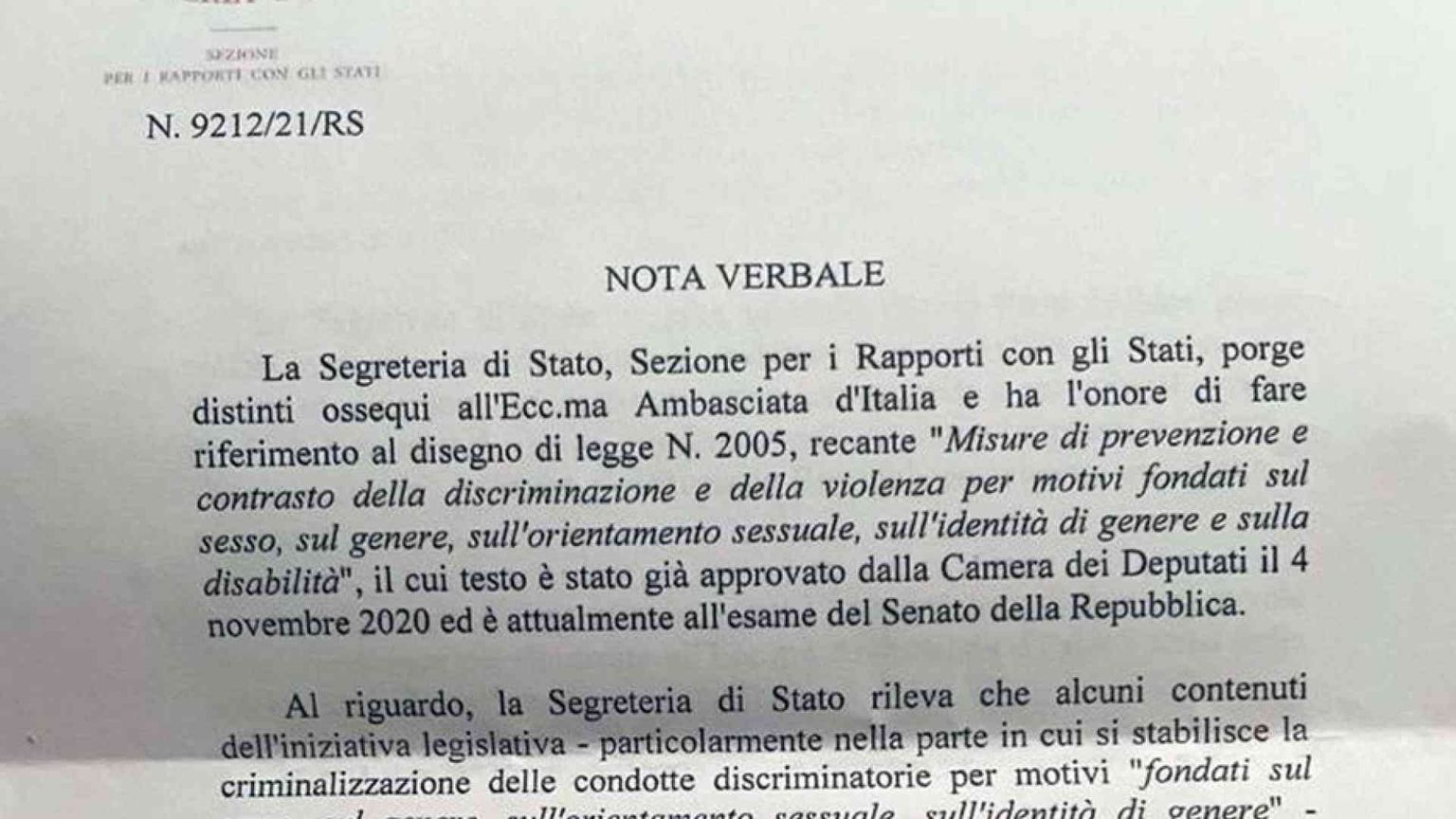 Ddl Zan, ecco il testo della nota della segreteria di Stato del Vaticano