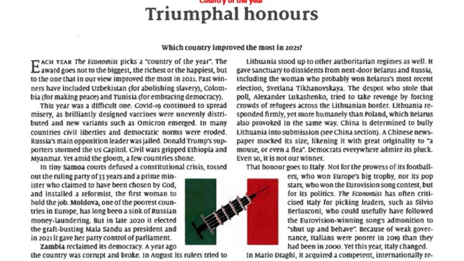 L'Economist incorona l'Italia di Draghi "Paese dell'anno"