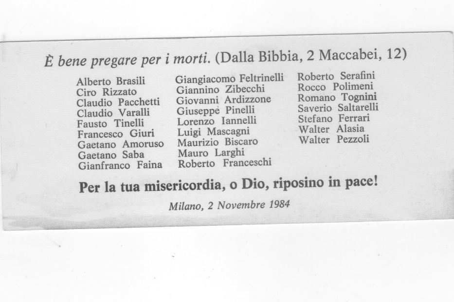 Il retro dell'immaginetta donata da don Melesi ai carcerati di San Vittore con i nomi dei terroristi morti