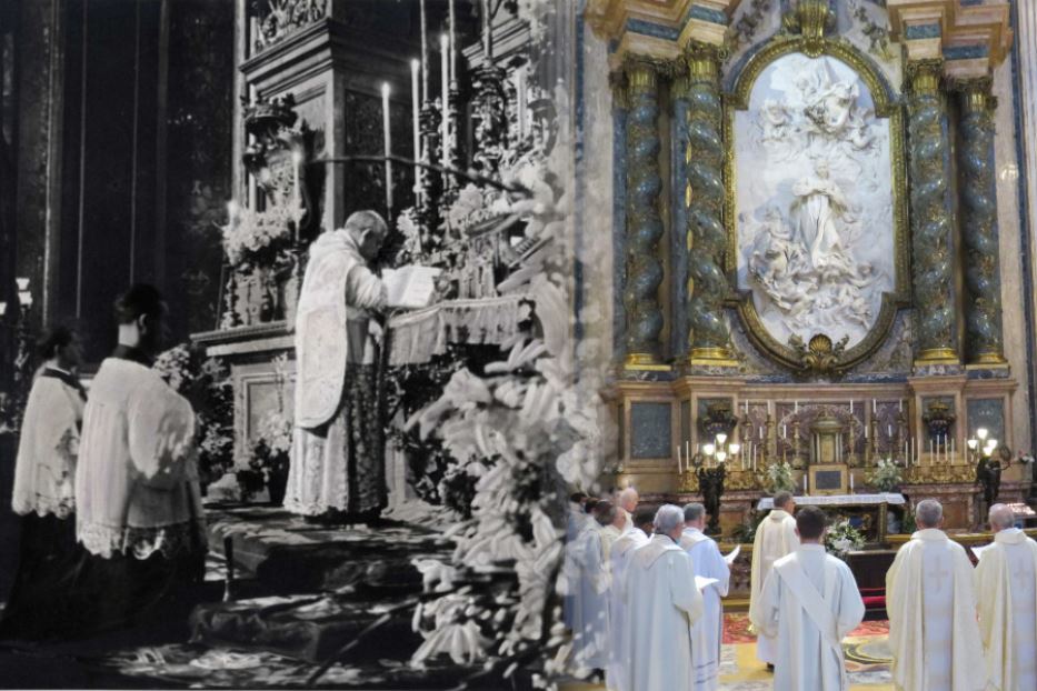 Un'immagine del 1924 mentre presiede l'Eucaristia a Roma nella chiesa di Sant'Ignazio di Loyola. Nella immagine accanto un particolare dell'altare di San Luigi Gonzaga