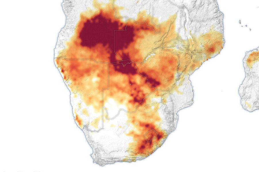 Le aree arancioni e rosse mostrano l'aridità del suolo in Africa meridionale