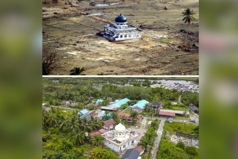 Vent’anni dopo restano pochi segni visibili del passaggio dell’onda di tsumani sulla moschea di Kuala Bubon nella provincia indonesiana di Aceh