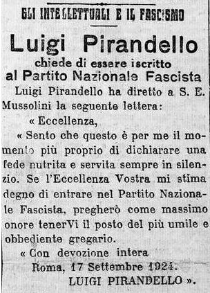 Il trafiletto con cui il quotidiano 'L'Impero' il 19 settembre diede notizia dell'adesione di Pirandello al PNF