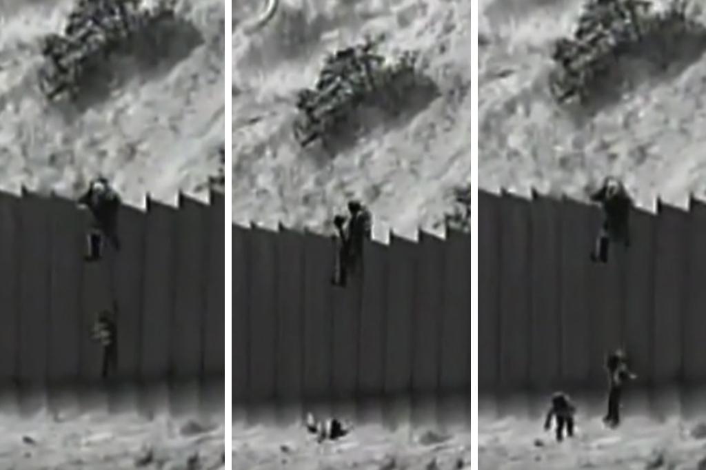 In questa sequenza di fermo immagine dal video registrato dalle telecamere di sorveglianza si vede una persona che, arrampicata sul Muro, fa cadere le bambine in territorio Usa, una dopo l'altra