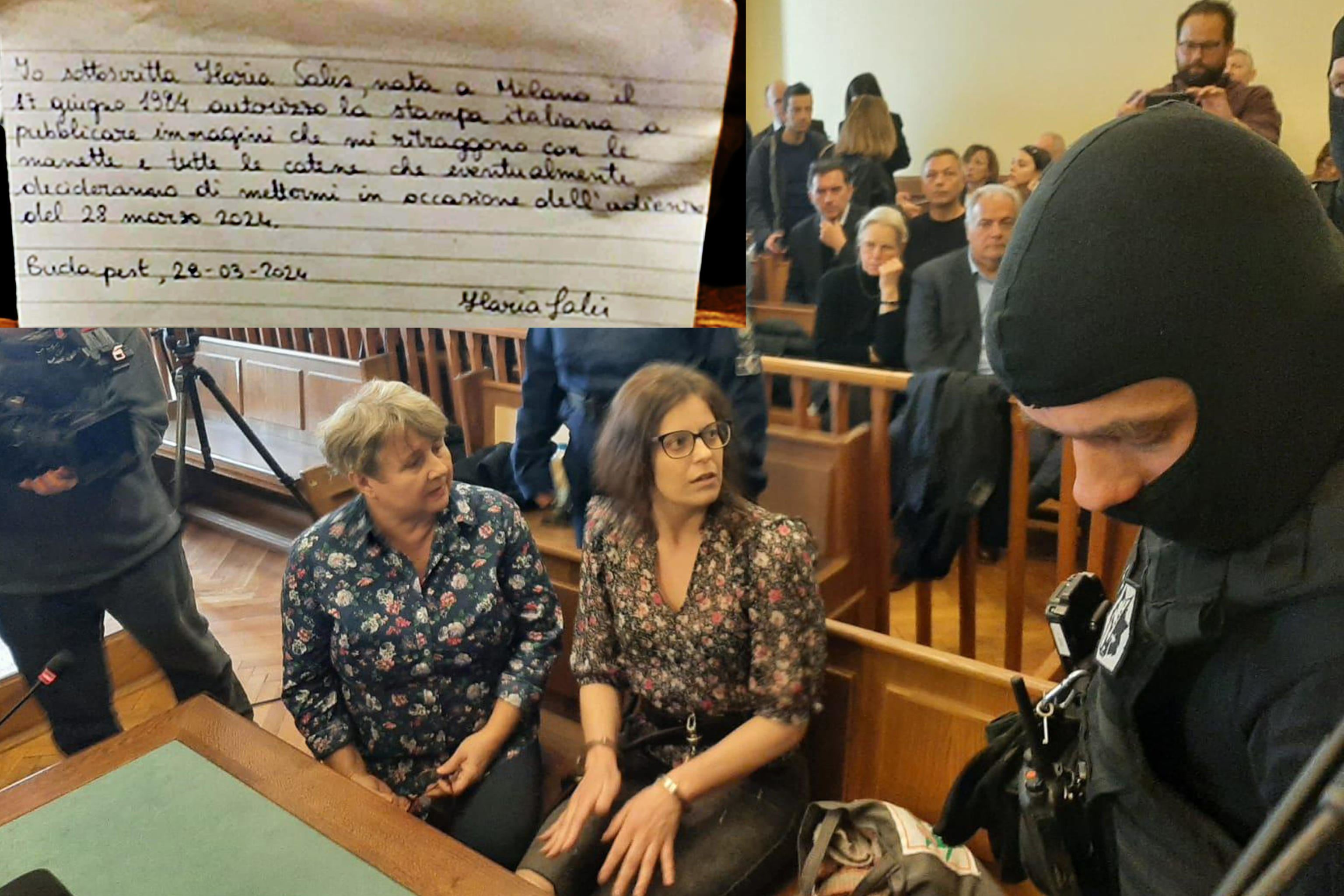 La foto con la lettera di Ilaria Salis con l'autorizzazione a diffondere le proprie immagini in catene durante il processo a Budapest