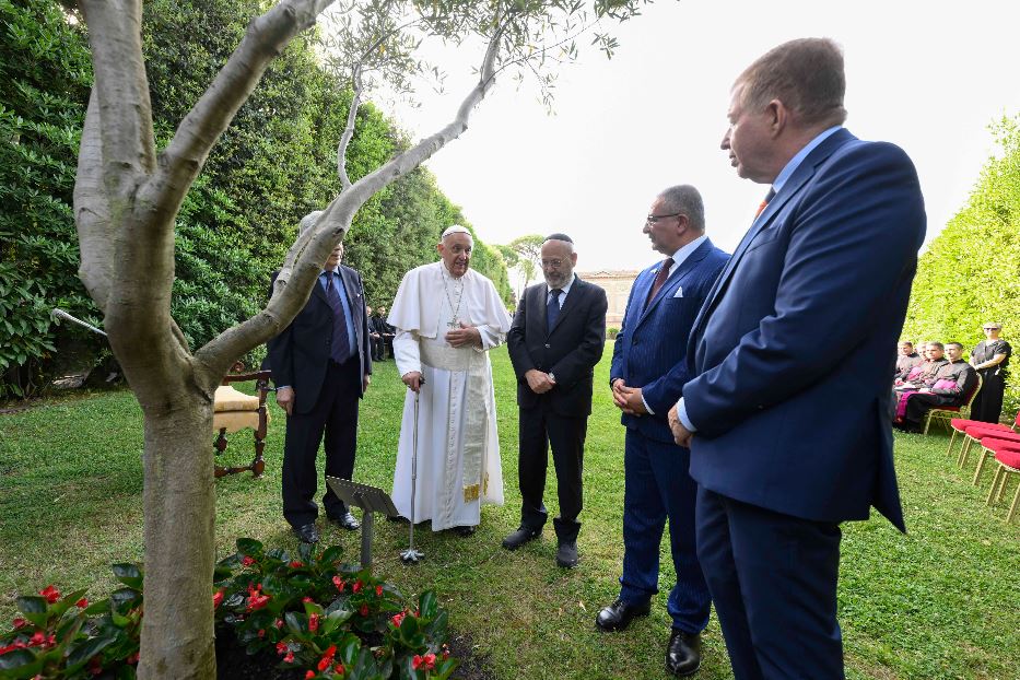 Papa Francesco con gli ambasciatori davanti all’Ulivo della Pace piantato dieci anni fa con i presidenti Abu Mazen e Shimon Peres