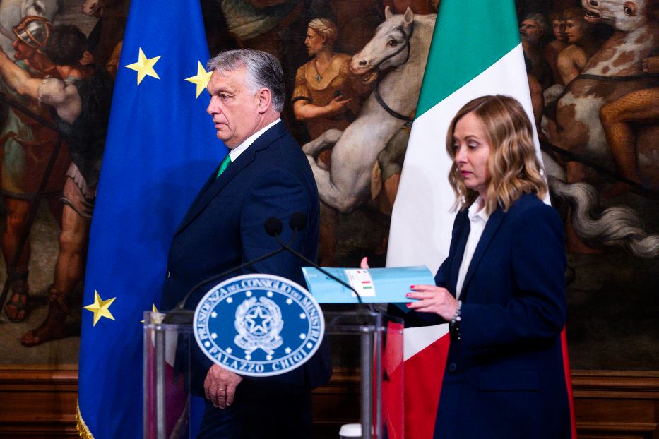 La Presidente del Consiglio Giorgia Meloni con il Presidente ucraino Viktor Orbán