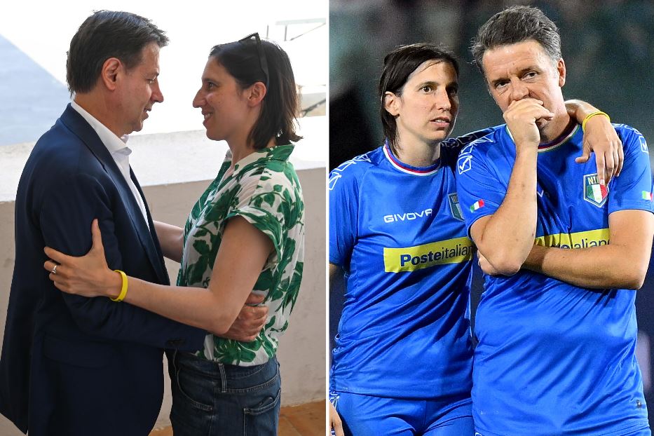 A sinistra la segretaria del Pd Elly Schlein e Giuseppe Conte, presidente del Movimento 5 Stelle durante l'incontro al convento di San Francesco a Giffoni Valle Piana. A destra Schlein con il il leader di Italia Viva Matteo Renzi durante la partita del Cuore a L'Aquila