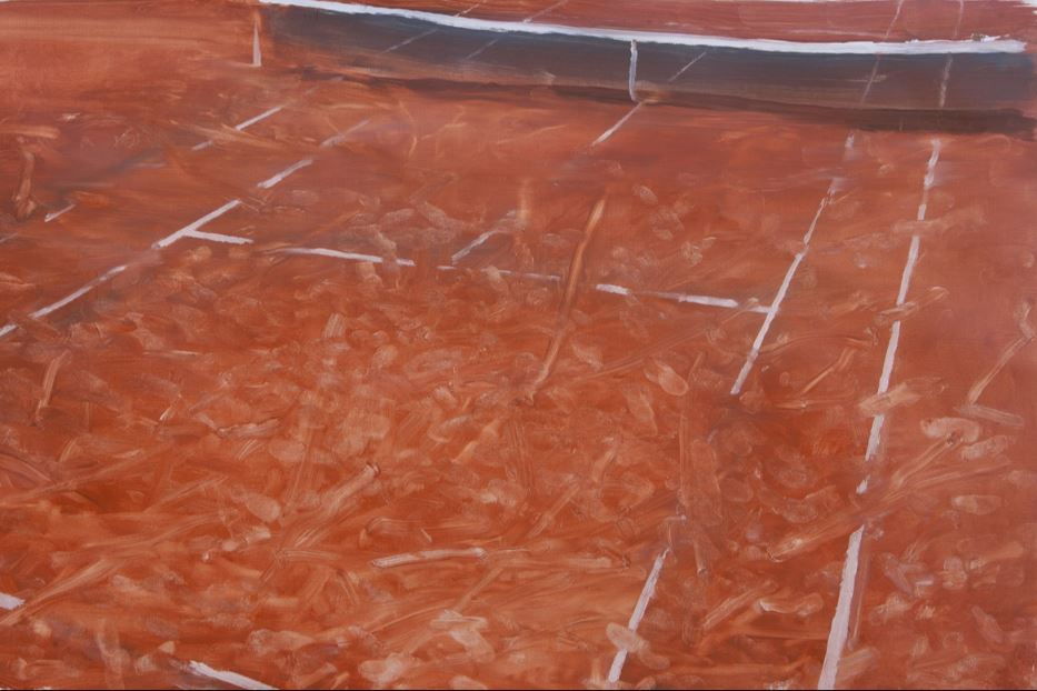 Un particolare dell'opera di Velasco Vitali, Terra Rossa, 2024, Olio su tela 50 x 100 cm, esposta fino al 13 giugno alla Galleria Antonia Jannone di Milano. Sotto un'altra opera della serie. Il libro è di Henry Beyle.