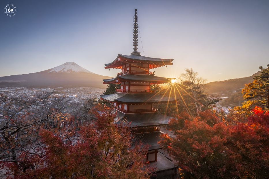 Un tempio buddhista circondato di momiji al tramonto di fronte al monte Fuji - © Stefano Tiozzo