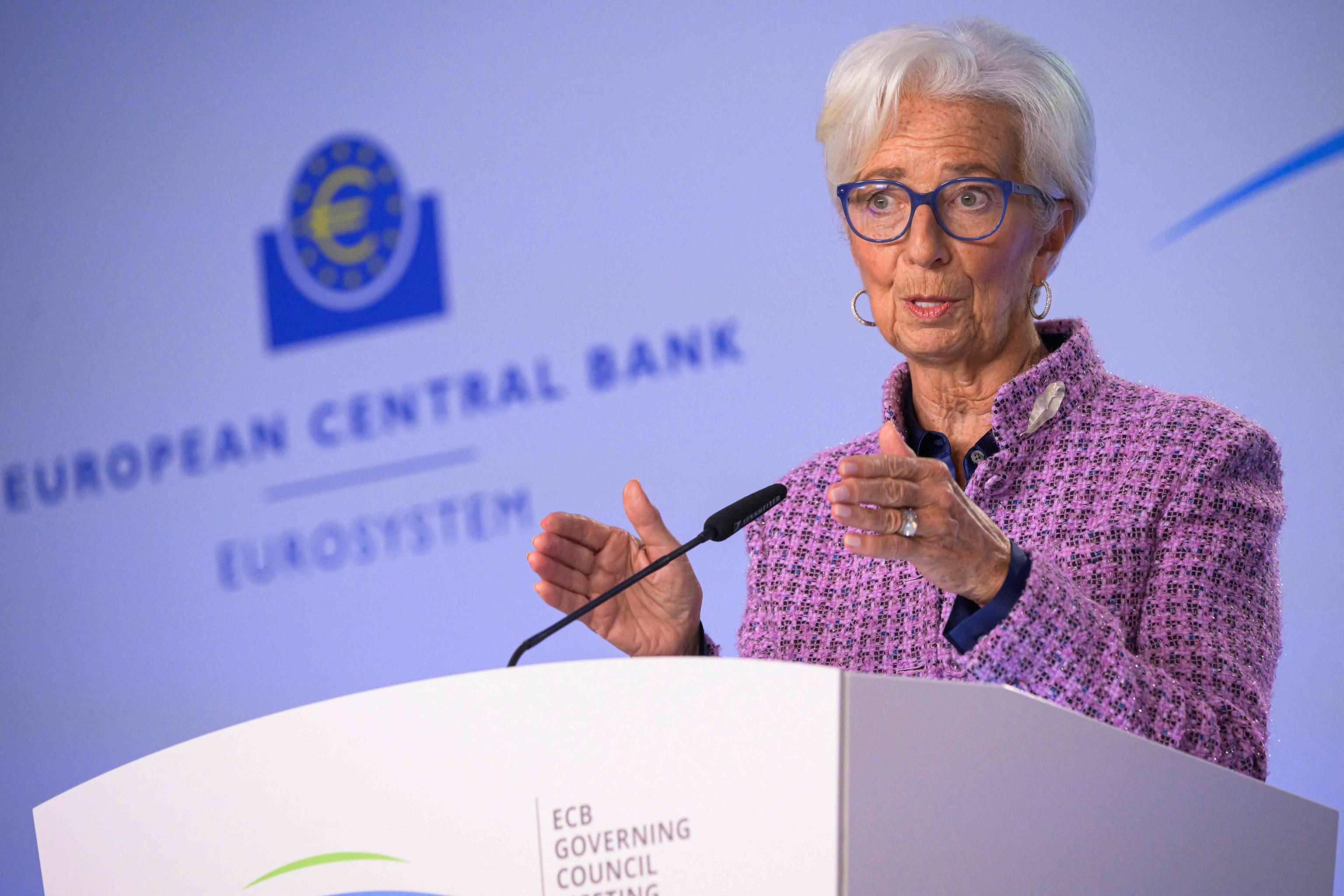 La presidente della Bce Christine Lagarde in conferenza stampa a Lubiana (Slovenia) al termine del board