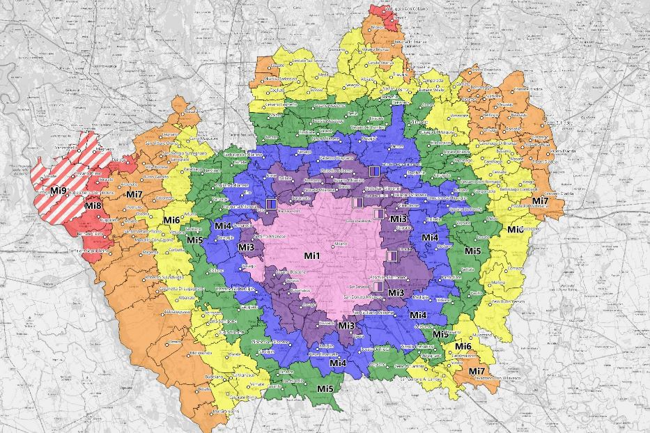 La mappa delle zone del Sistema tariffario integrato del bacino di Mobilità