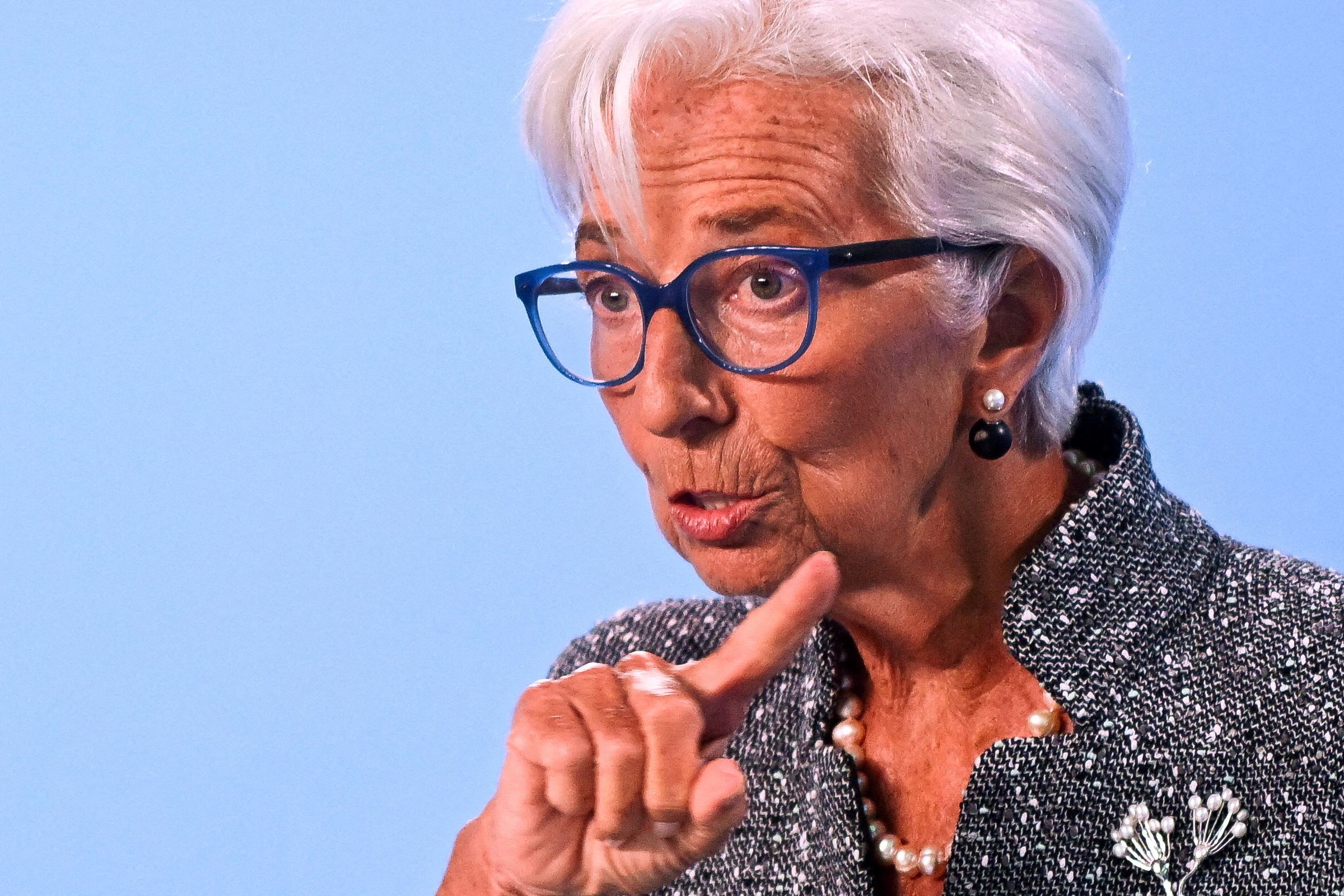 La presidente della Bce Christine Lagarde ieri in conferenza stampa a Francoforte