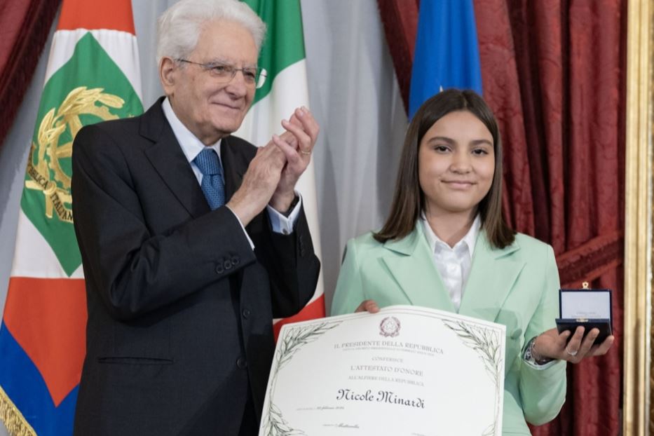 Nicole Minardi premiata al Quirinale dal capo dello Stato Sergio Mattarella il 13 maggio 2024